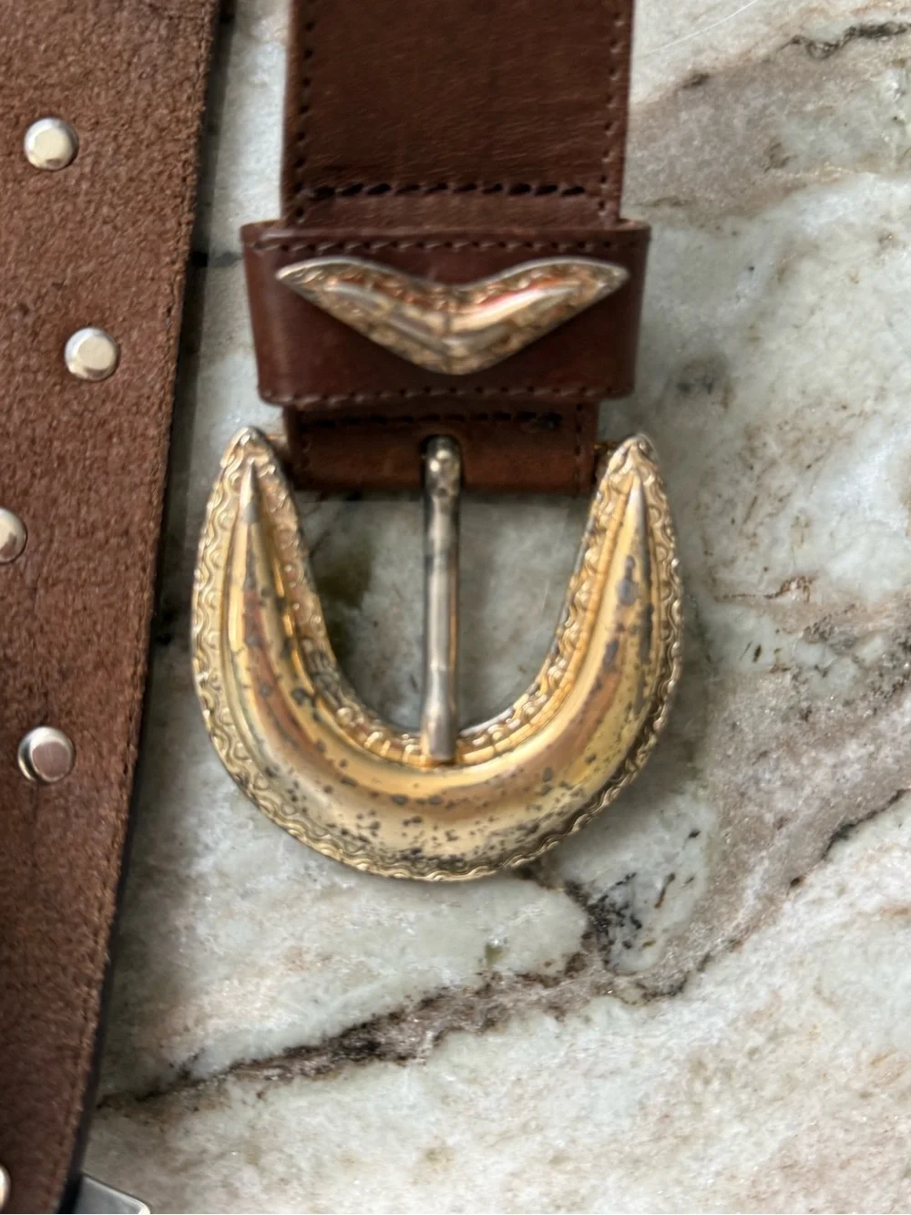 Linea Pelle Italian Leather Western Studded Concho Belt Brown Suede with Gold XS